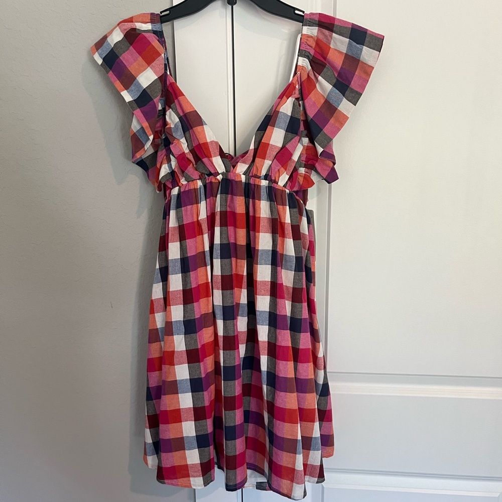 Pink Plaid NWT Lizard Thicket Ruffle Sleeve Tie Back Dress